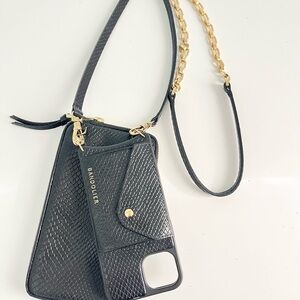 Bandolier Black Leather Crossbody IPhone Case and Pouch with Gold Chain